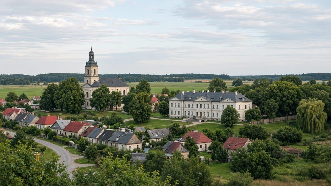 Pałac, kościół i zabudowa miejscowości – krajobraz Garbowa