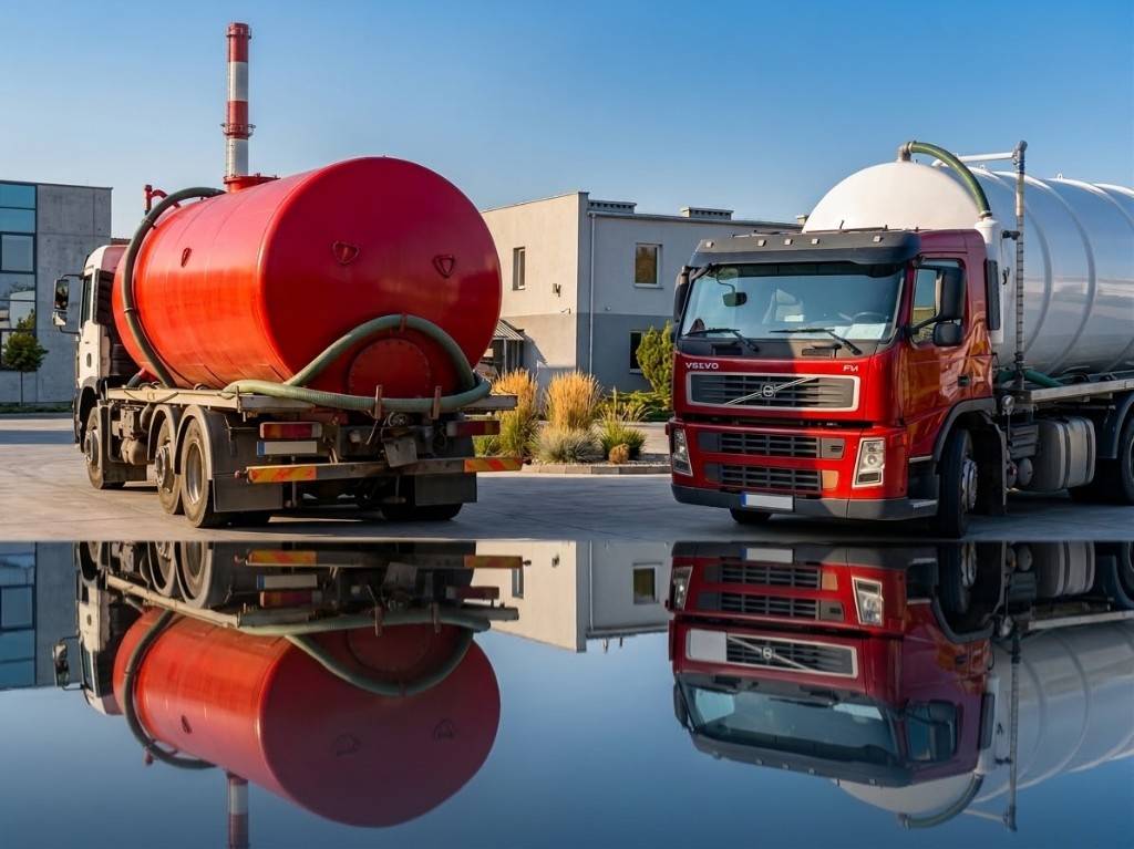 Szambiarka Volvo z czerwonym zbiornikiem – opróżnianie szamba w Lublinie